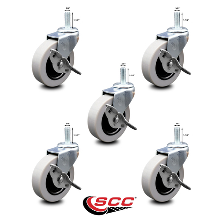 SERVICE CASTER 3 Inch Thermoplastic Wheel 3/8 Threaded Stem Caster Set with Brakes SCC, 5PK SCC-TS05S310-TPRS-SLB-381615-5